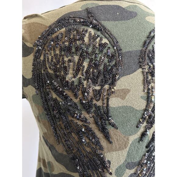 Y2K GUESS Women's Angel Wings VTG Sequins T Tee Shirt Camouflage Grunge Fairy S - Picture 4 of 11